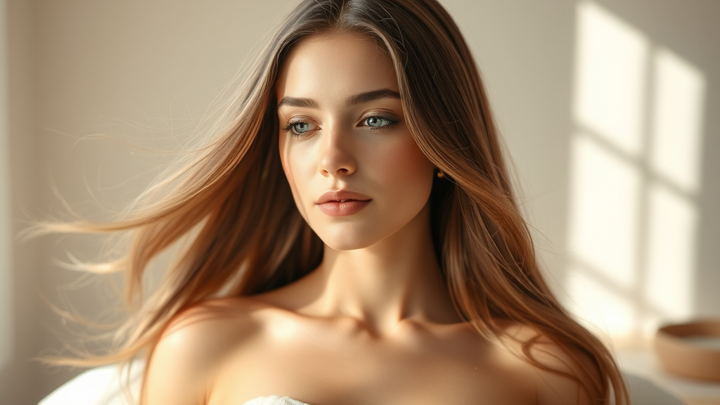 Serene woman with flowing smooth hair in soft natural light peaceful spa setting calming earth tones no text no words no letters