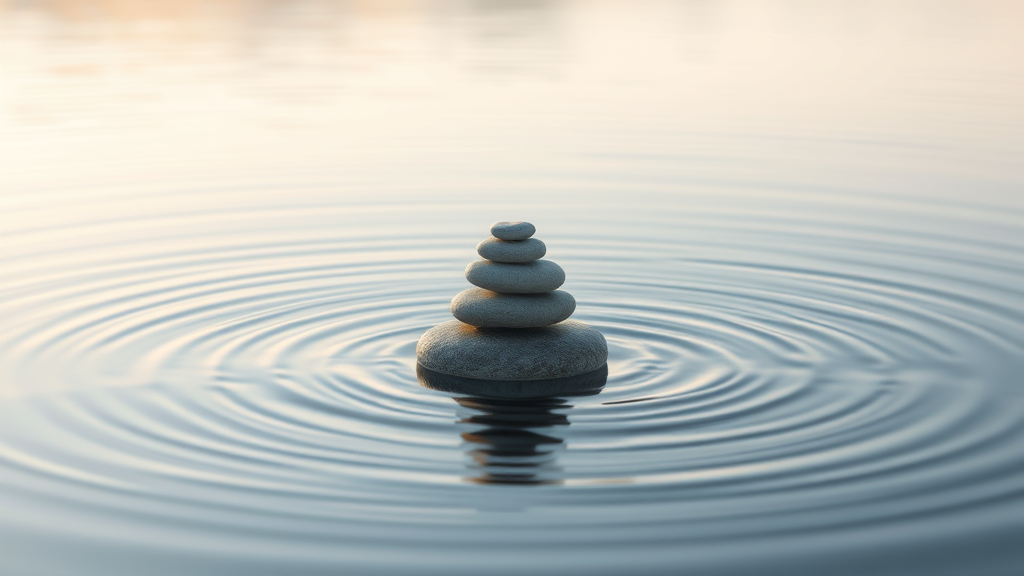 Peaceful zen stones balanced on water surface gentle ripples soft morning light tranquil spa atmosphere no text no words no letters