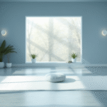 Peaceful wellness center setting with soft natural lighting and calming blue tones representing healing and relief no text no words no letters