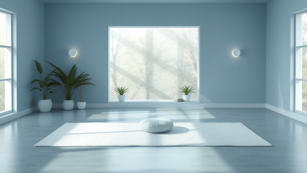 Peaceful wellness center setting with soft natural lighting and calming blue tones representing healing and relief no text no words no letters