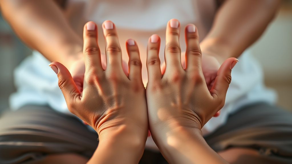 Serene hands in relaxed position with soft golden light representing pain relief and restored wellbeing no text no words no letters