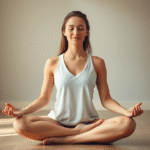 Peaceful woman sitting in meditation pose surrounded by soft natural lighting and gentle flowing energy representing mind-body connection no text no words no letters
