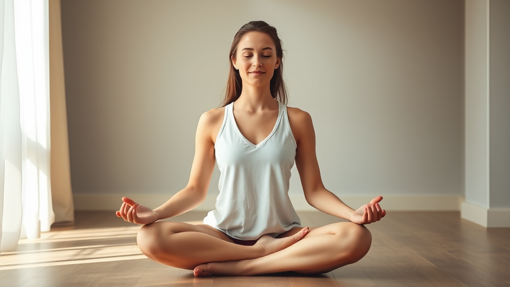 Peaceful woman sitting in meditation pose surrounded by soft natural lighting and gentle flowing energy representing mind-body connection no text no words no letters