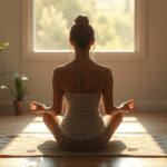 Peaceful meditation scene with soft natural lighting, person sitting calmly, gentle healing energy, wellness concept, no text no words no letters