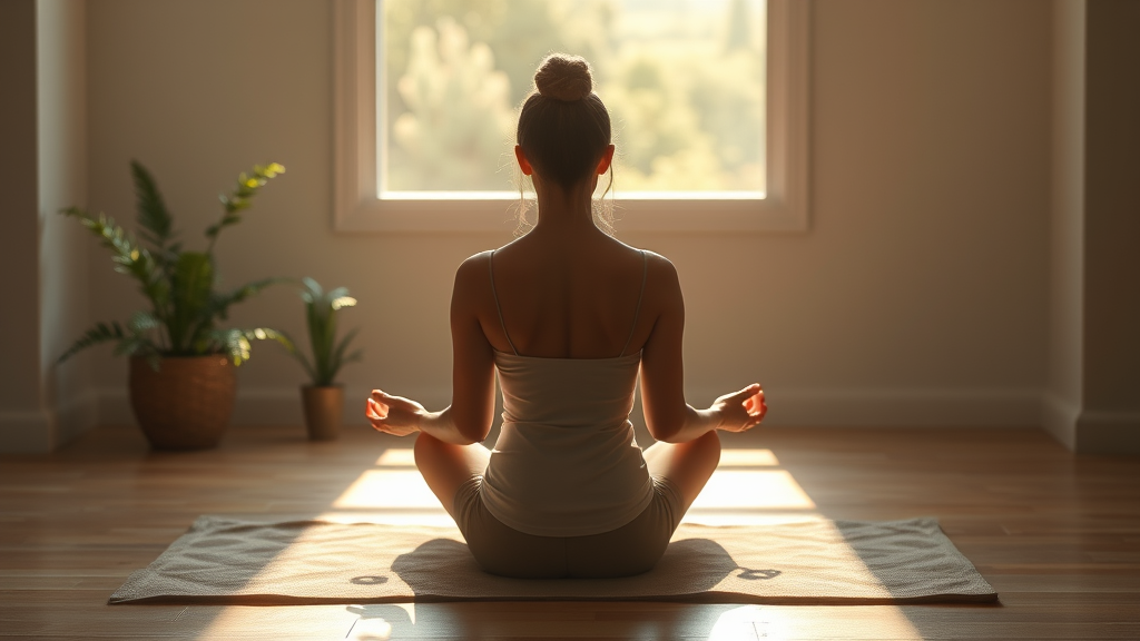 Peaceful meditation scene with soft natural lighting, person sitting calmly, gentle healing energy, wellness concept, no text no words no letters