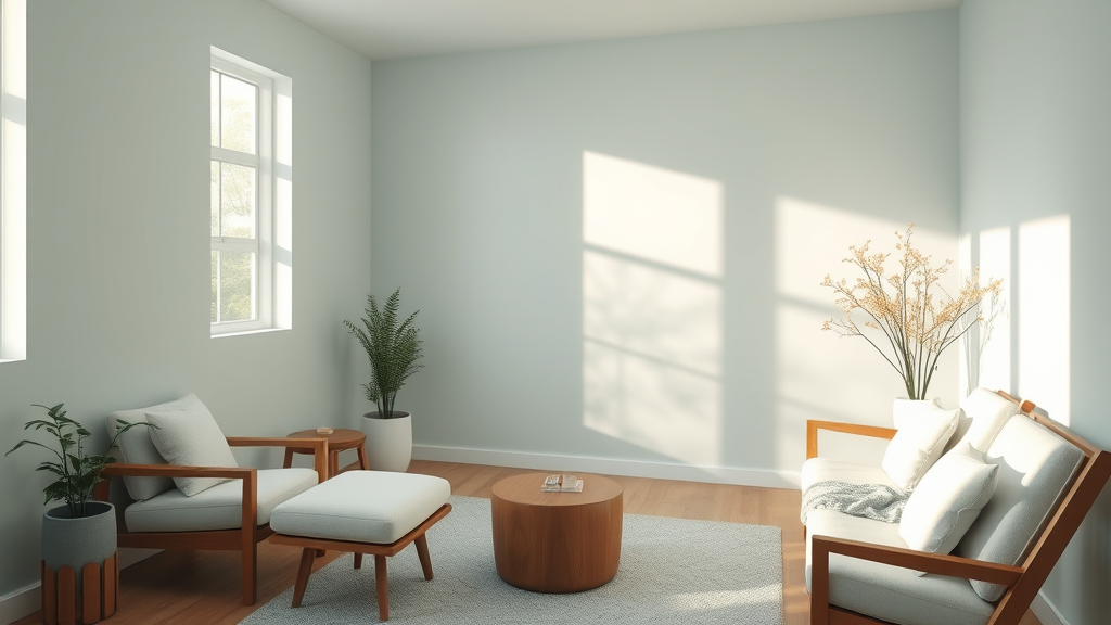 Peaceful therapy room with soft natural lighting, comfortable seating, calming blue and green tones, serene wellness atmosphere, no text no words no letters