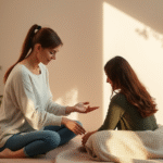 Gentle therapy session setting with soft natural lighting warm colors peaceful environment person helping another communicate no text no words no letters