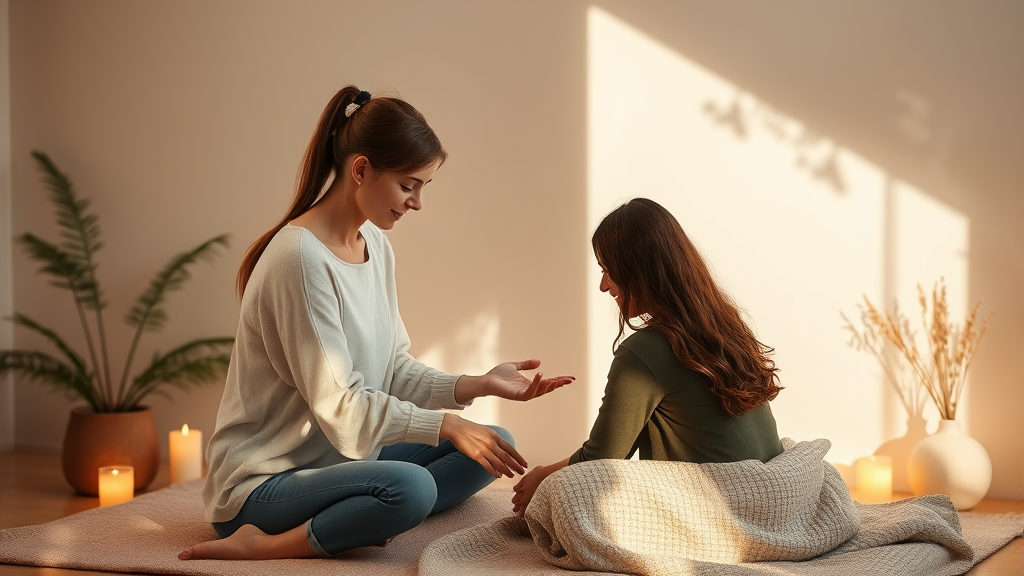 Gentle therapy session setting with soft natural lighting warm colors peaceful environment person helping another communicate no text no words no letters