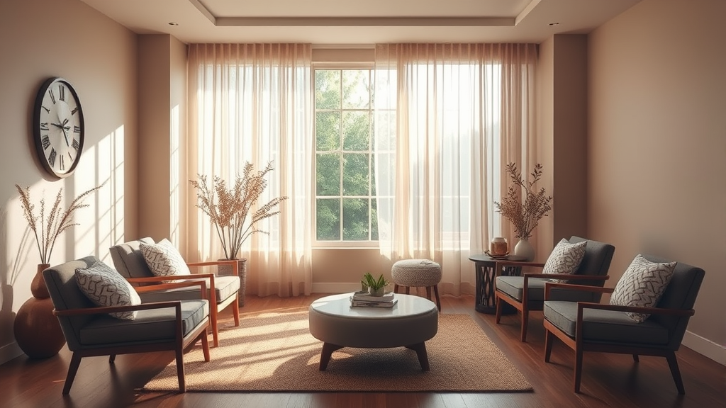 Serene therapy room with comfortable seating and natural light, peaceful healing space, warm earth tones, no text no words no letters