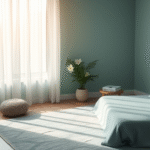 Serene therapy room with soft natural lighting, calming blue and green tones, peaceful healing environment, no text no words no letters