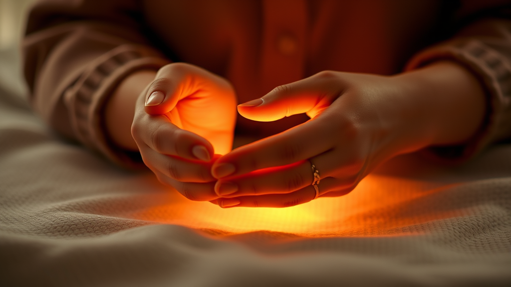 Gentle hands providing therapeutic care, warm lighting, healing touch concept, tranquil atmosphere, no text no words no letters