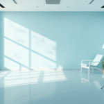 Peaceful rehabilitation setting with soft natural lighting and calming blue tones representing healing and recovery no text no words no letters