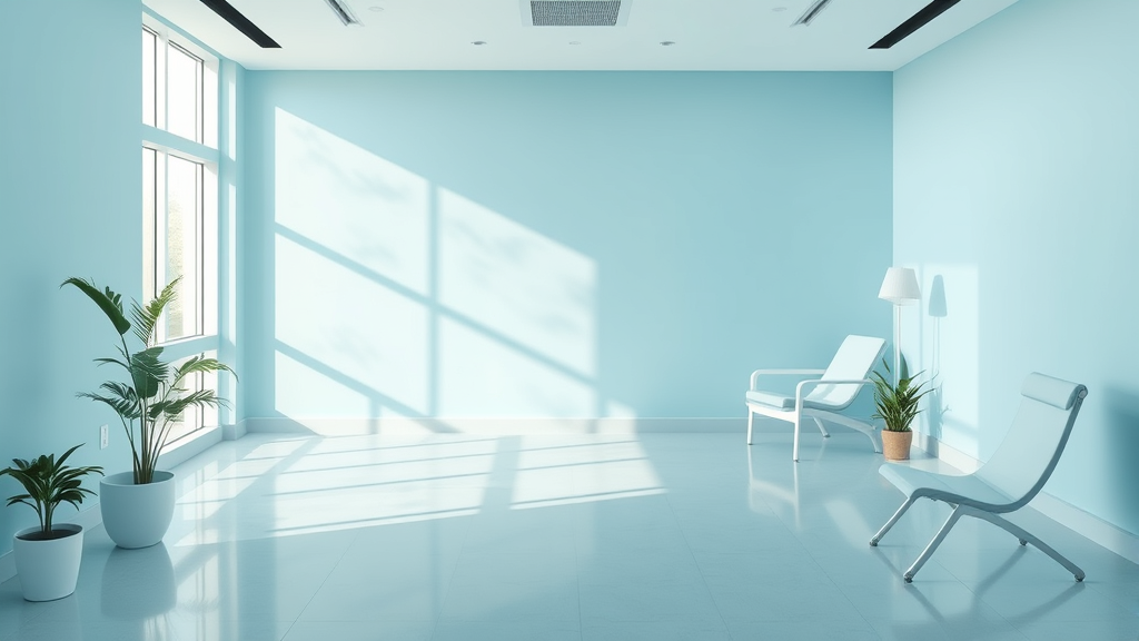 Peaceful rehabilitation setting with soft natural lighting and calming blue tones representing healing and recovery no text no words no letters