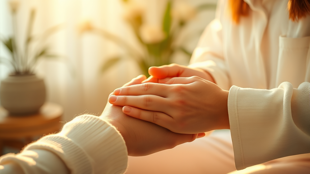 Serene therapy environment with gentle hands providing care in warm golden light representing healing touch no text no words no letters