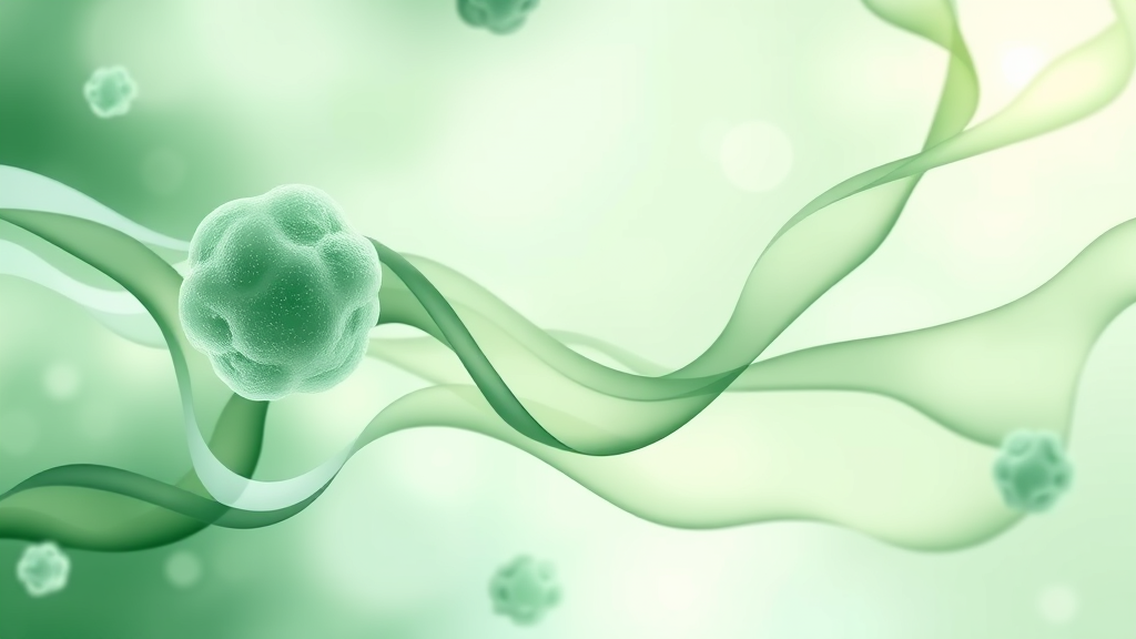 Gentle abstract representation of cellular regeneration with flowing organic shapes in soft greens and blues conveying healing and renewal no text no words no letters