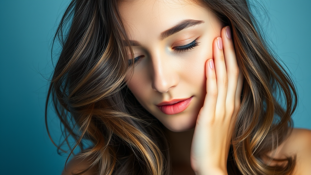 Serene person touching healthy hair with soft natural lighting and calming blue tones representing confidence and renewal no text no words no letters