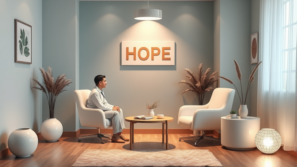 Peaceful medical consultation setting with gentle lighting and calming colors representing hope and healing no text no words no letters