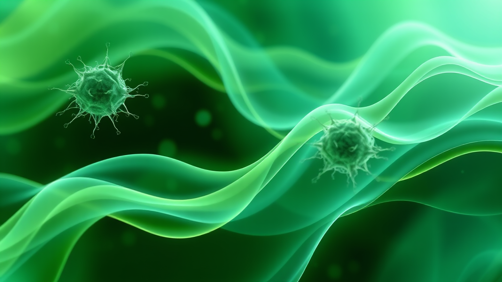 Abstract representation of cellular regeneration with soft flowing patterns in calming greens and blues no text no words no letters