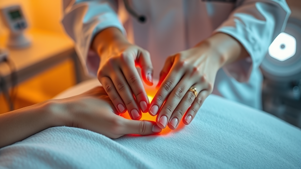 Gentle hands receiving acoustic wave treatment in calming medical setting with warm lighting representing comfort and healing no text no words no letters