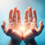 Serene healing hands surrounded by gentle acoustic waves in soft blue and white tones representing therapeutic energy and pain relief no text no words no letters