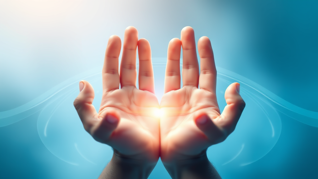 Serene healing hands surrounded by gentle acoustic waves in soft blue and white tones representing therapeutic energy and pain relief no text no words no letters