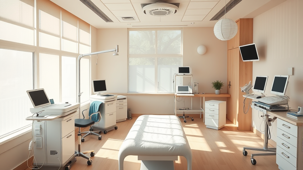 Peaceful therapy room with modern medical equipment bathed in warm natural light creating calming atmosphere for healing no text no words no letters