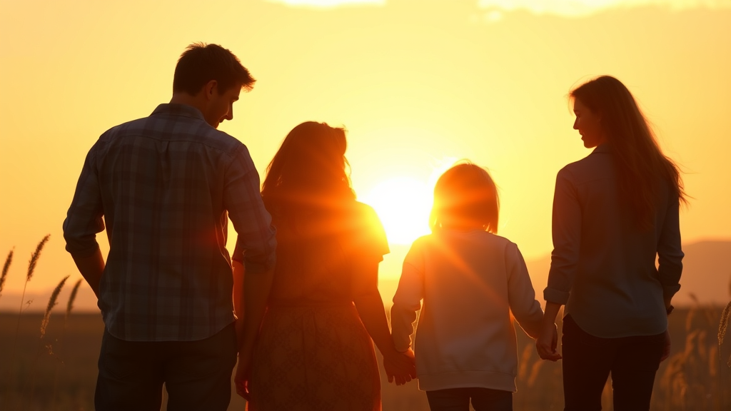 Warm family silhouettes connecting in golden sunset light with peaceful natural background no text no words no letters