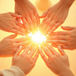 Soft morning light illuminating connected hands in a circle, representing family unity and healing, warm golden tones, peaceful atmosphere, no text no words no letters