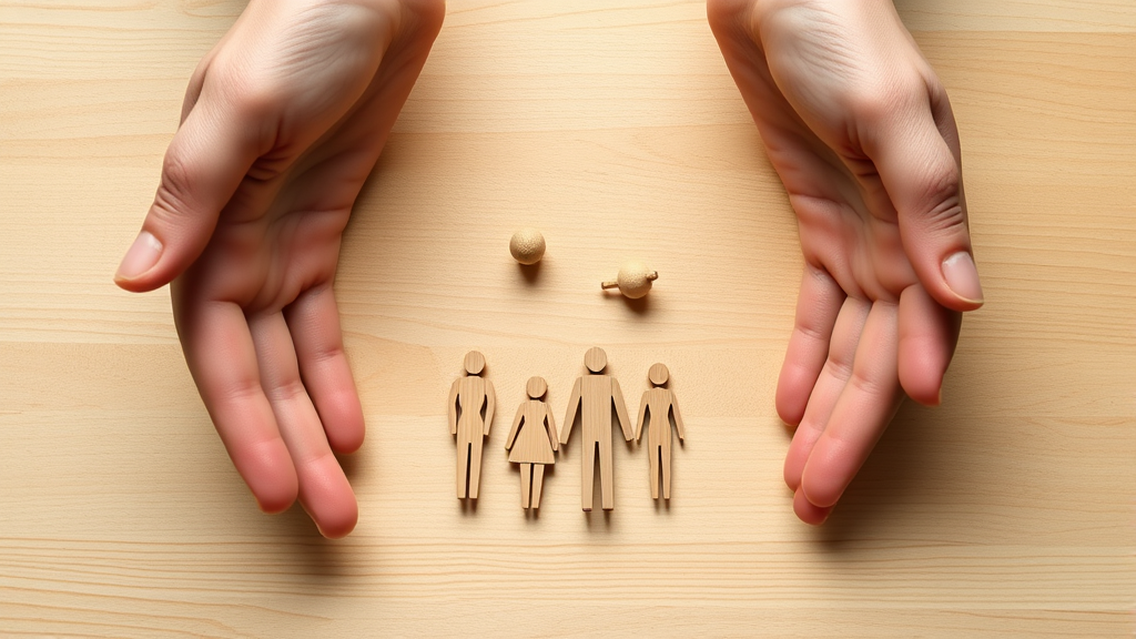 Gentle hands forming protective circle around wooden family figures on soft natural wood surface no text no words no letters