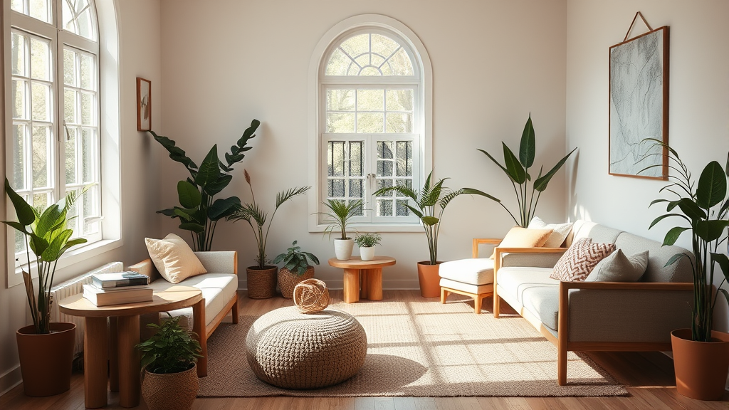 Gentle therapy room setting with comfortable seating arrangement, natural lighting through windows, plants and calming earth tones, serene healing space, no text no words no letters