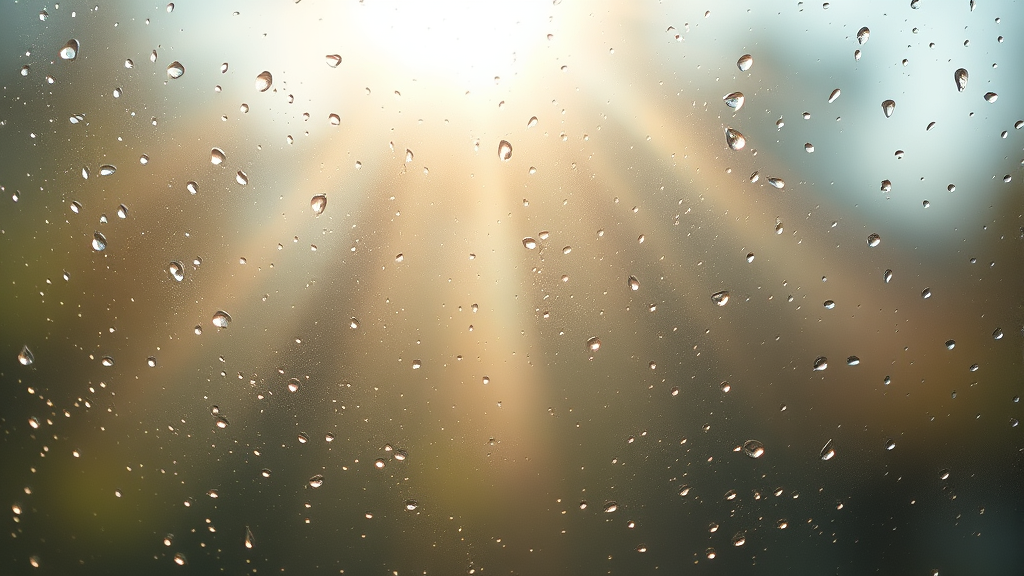 Soft sunlight filtering through water droplets on glass, peaceful healing atmosphere, gentle blues and golds, serene wellness concept, no text no words no letters