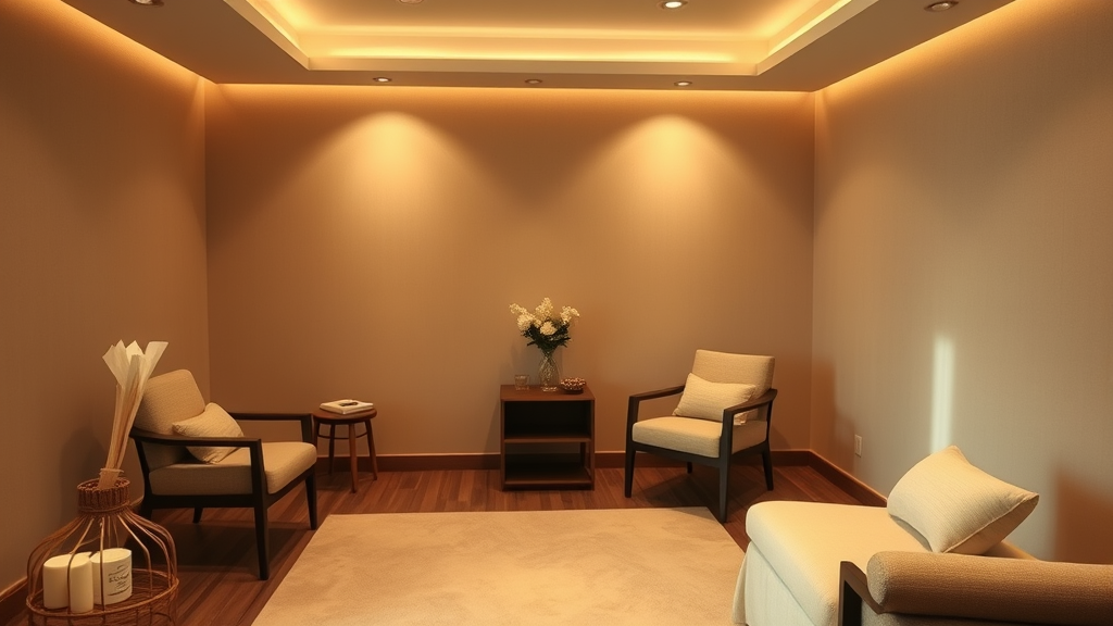 Calm therapy room with soft lighting, comfortable seating, tissues nearby, peaceful healing space, warm earth tones, no text no words no letters