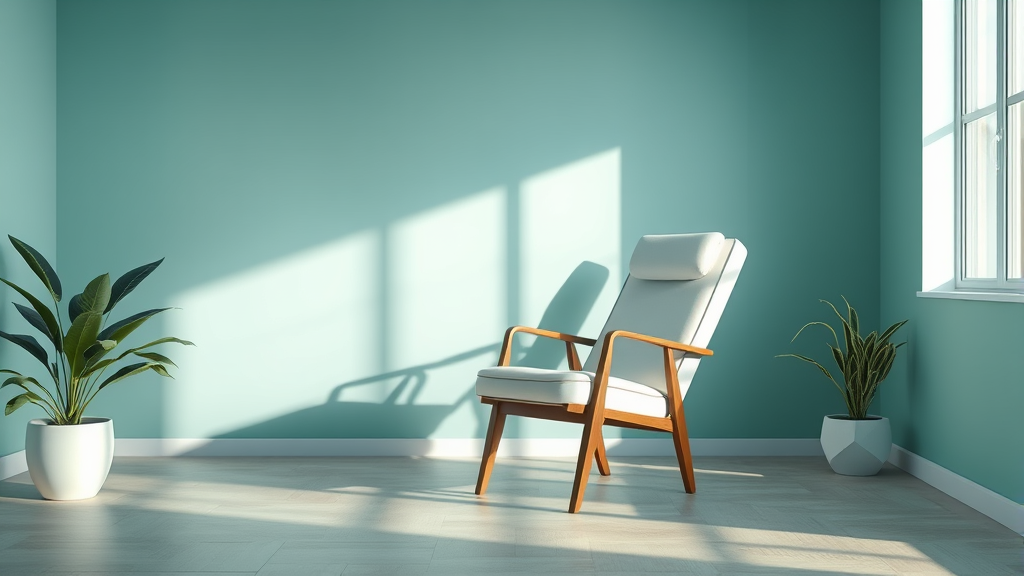 Serene therapy chair in soft natural lighting with calming blue and green tones, peaceful healing environment, no text no words no letters