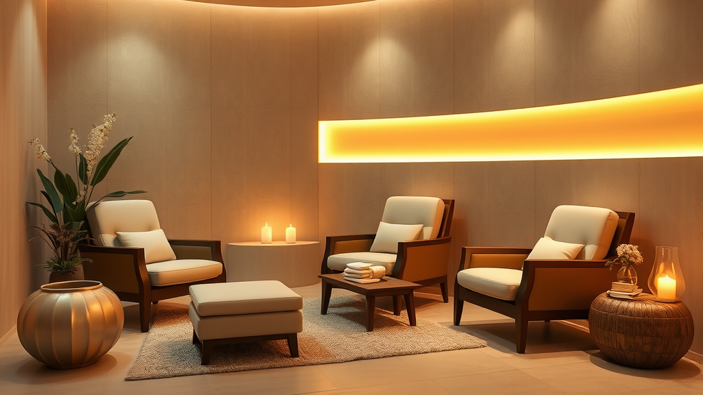 Comfortable therapeutic seating in gentle spa-like setting with warm ambient lighting, wellness atmosphere, no text no words no letters