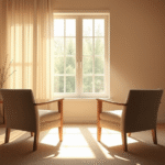 Soft morning light streaming through window onto empty chairs facing each other, warm neutral tones, peaceful healing atmosphere, no text no words no letters