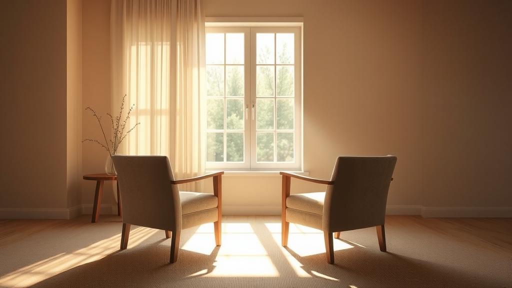 Soft morning light streaming through window onto empty chairs facing each other, warm neutral tones, peaceful healing atmosphere, no text no words no letters