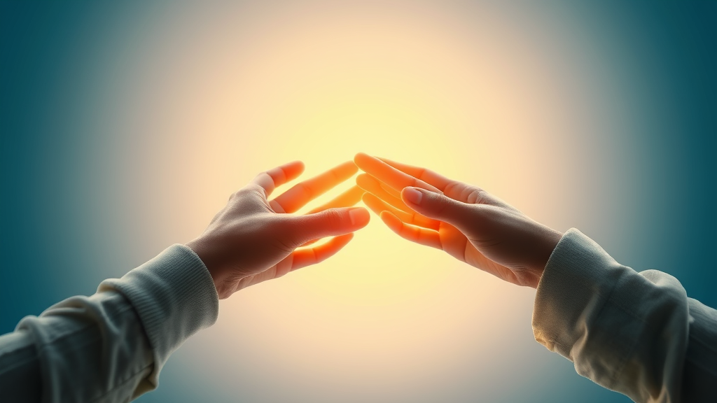 Two hands reaching toward each other with gentle lighting, soft focus, representing connection and healing, calming blue and gold tones, no text no words no letters