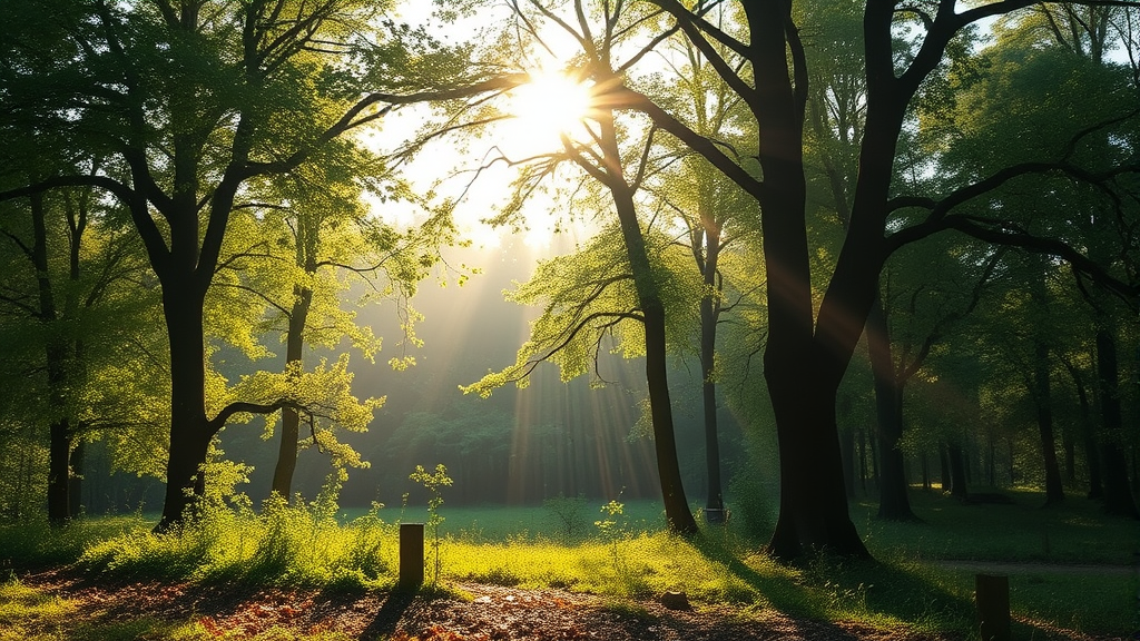 Serene nature scene with soft sunlight filtering through trees representing growth and emotional healing journey no text no words no letters