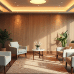 Serene counseling room with warm lighting, comfortable chairs, plants, peaceful atmosphere, no text no words no letters