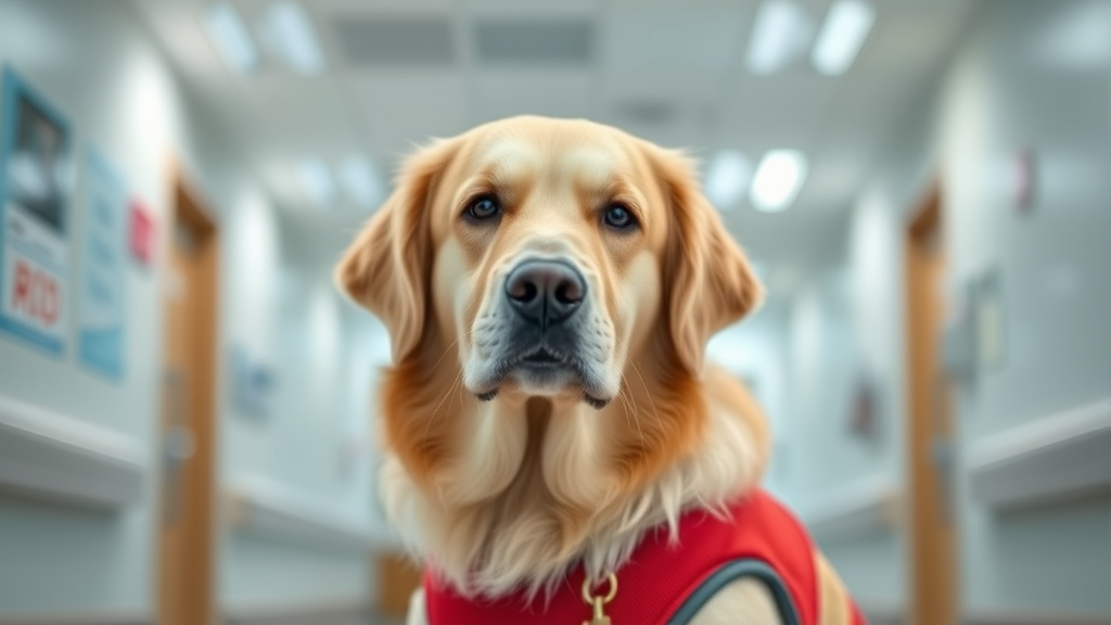 Golden retriever therapy dog with gentle expression in soft hospital lighting wearing red vest, peaceful healing environment, no text no words no letters