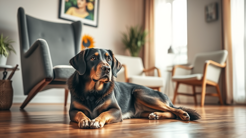 Calm therapy dog resting beside comfortable chair in serene counseling room with warm natural lighting, peaceful atmosphere, no text no words no letters