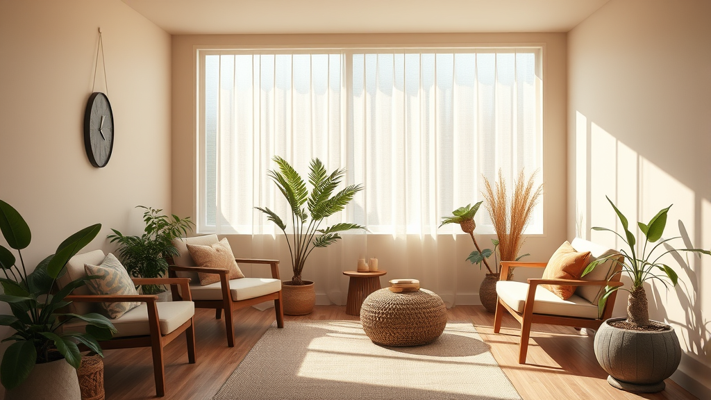 Peaceful therapy room with soft natural lighting warm colors comfortable seating plants gentle healing atmosphere no text no words no letters