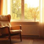 Soft golden light filtering through window onto empty chair, warm peaceful therapy office setting, calming earth tones, no text no words no letters