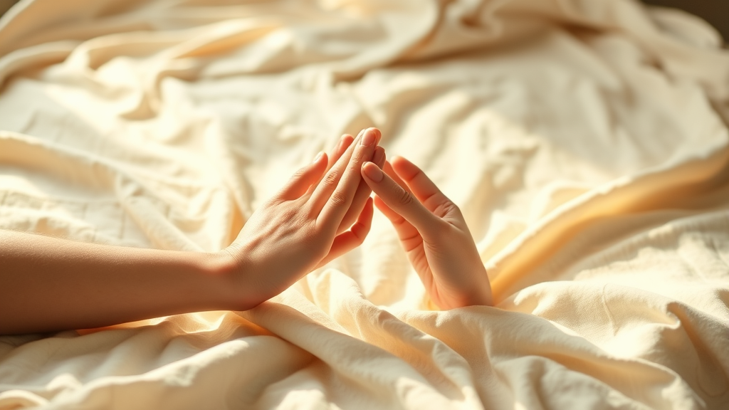 Gentle hands reaching toward each other across soft fabric, warm lighting, emotional connection concept, peaceful atmosphere, no text no words no letters