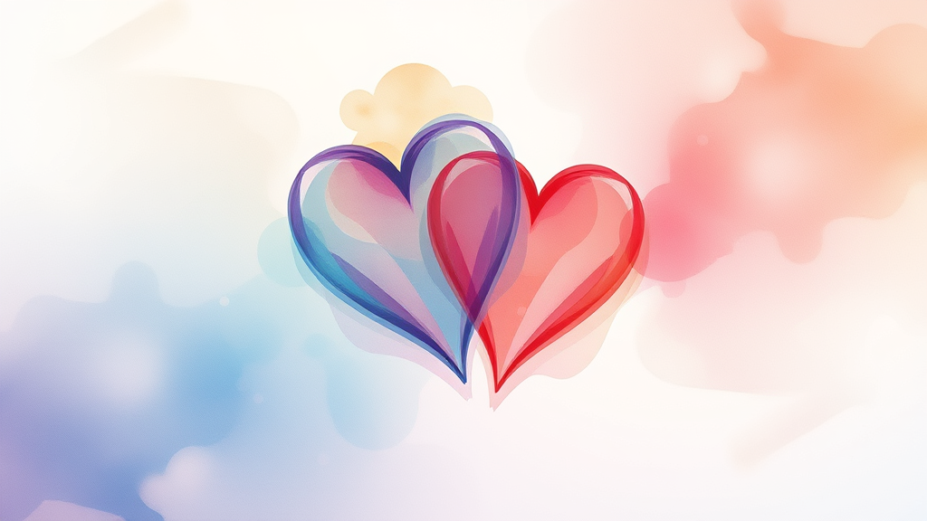 Abstract watercolor hearts flowing together, soft pastels, emotional healing visualization, serene gradient background, no text no words no letters