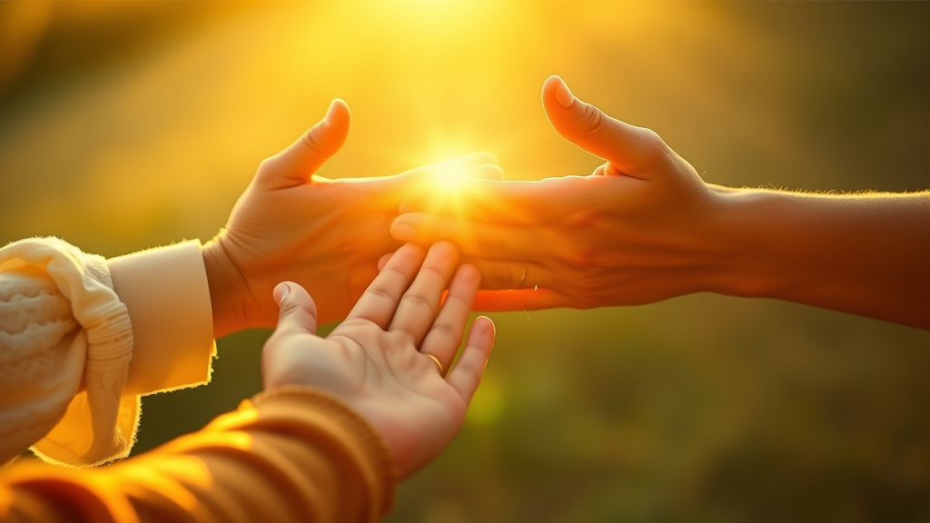 Gentle hands reaching across generations with warm golden light, peaceful family connection, soft healing energy, no text no words no letters