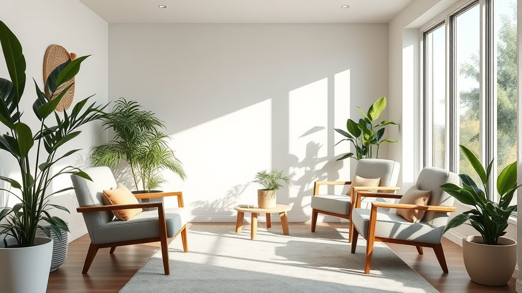Serene therapy room with comfortable chairs and natural light, calming therapeutic environment, plants and soft textures, no text no words no letters
