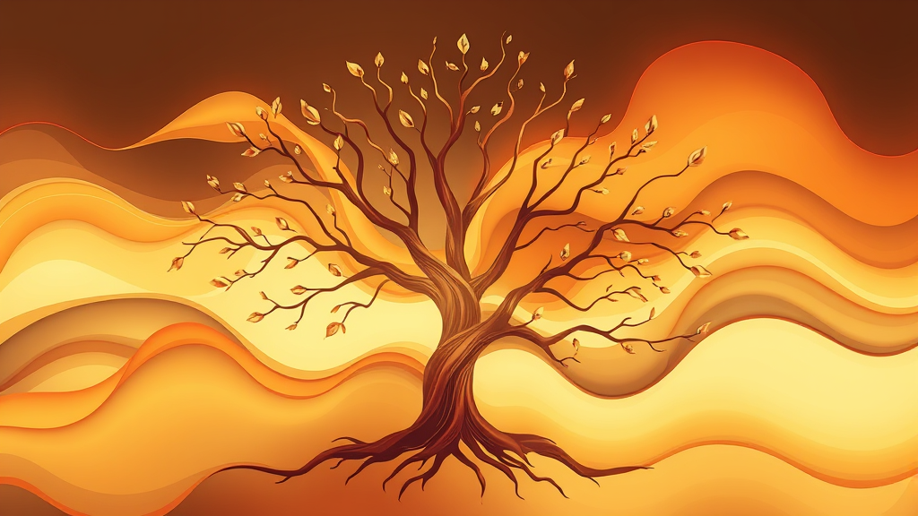 Abstract flowing forms representing healing energy moving through family tree, warm colors blending, peaceful transformation, no text no words no letters