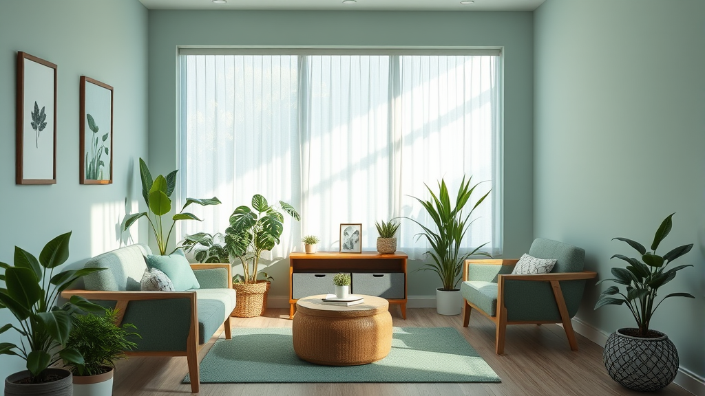 Peaceful therapy office with comfortable seating, soft natural lighting, plants, calming blue and green tones, serene atmosphere, no text no words no letters