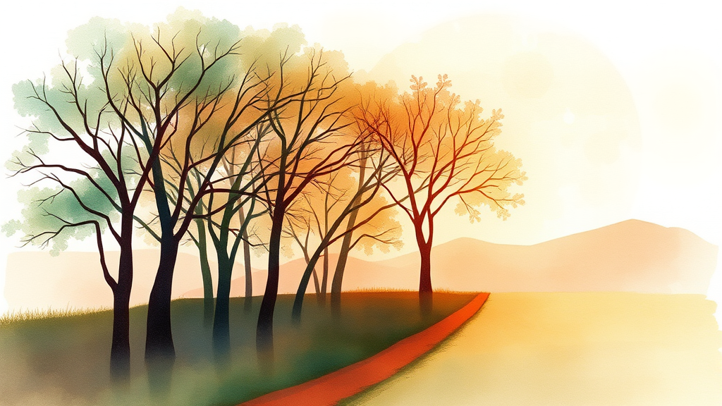 Abstract representation of adolescent growth with gentle watercolor trees, sunrise, path forward, warm earth tones, hope and healing, no text no words no letters